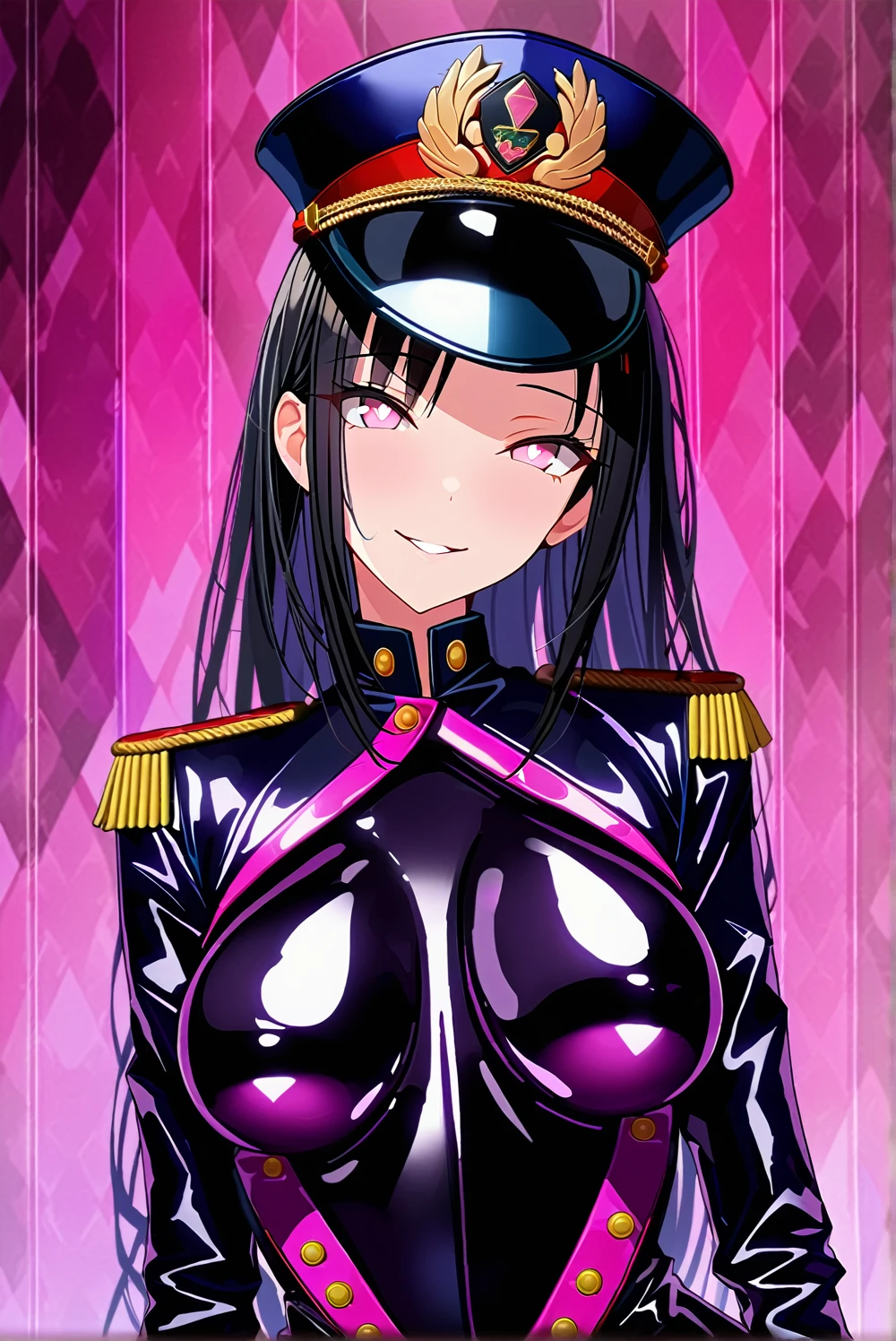 masterpiece, best quality, 1girl,black long hair,military coat, (finely detailed empty pupils and detailed face),,bust shot,lovestruck,extremely detailed picture unity 8k wallpaper,solo,(latex military costume:0.9),glamour body,seductive smile,military hat,latex thighhigh,black hair,pink eyes,