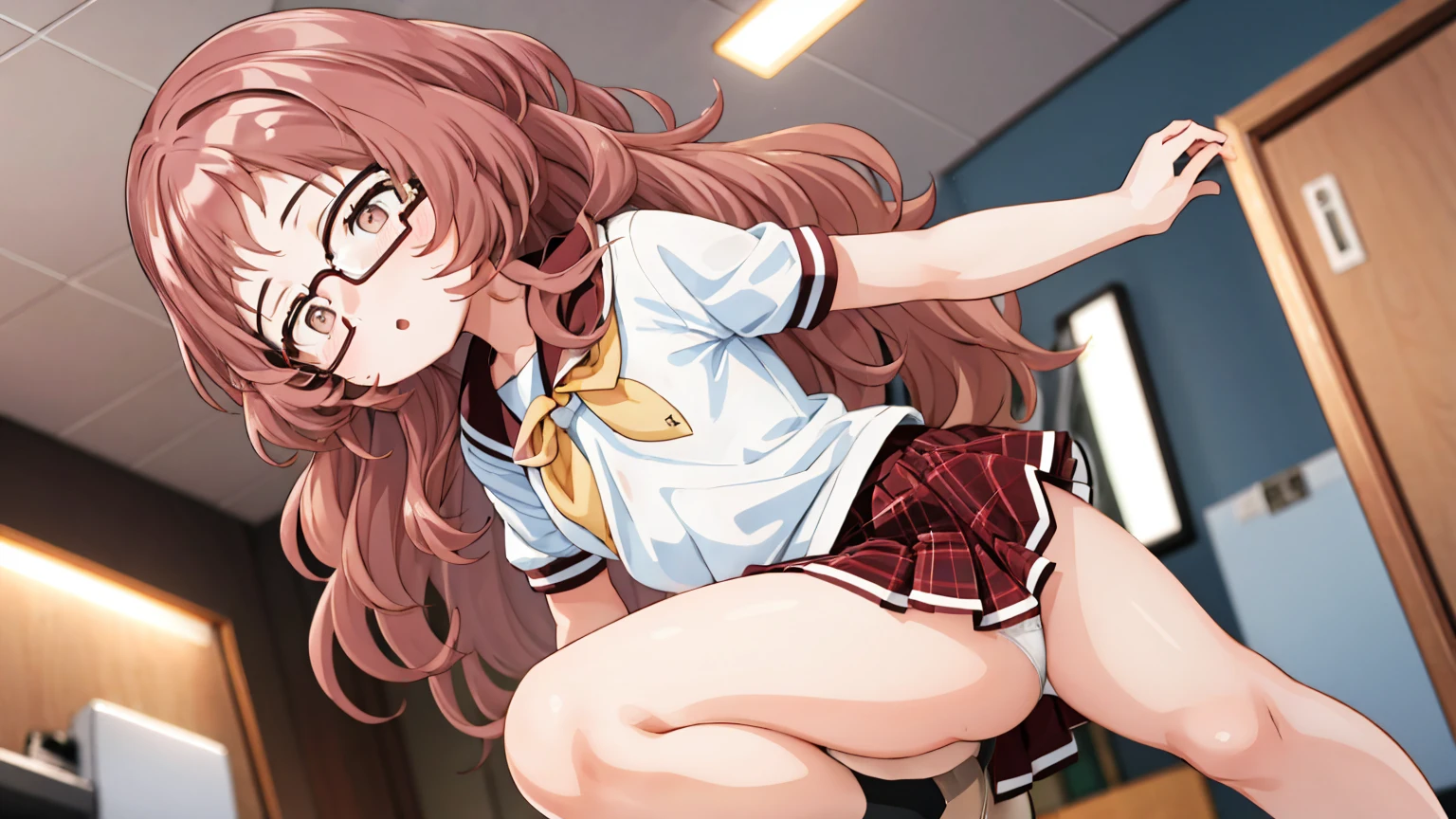 Aimi、1 Girl、Wavy Hair、Glasses、Small breasts、He is short、、High resolution、Highest quality、Detailed face、Fine grain、White panties、Squat、Look at this、skirt