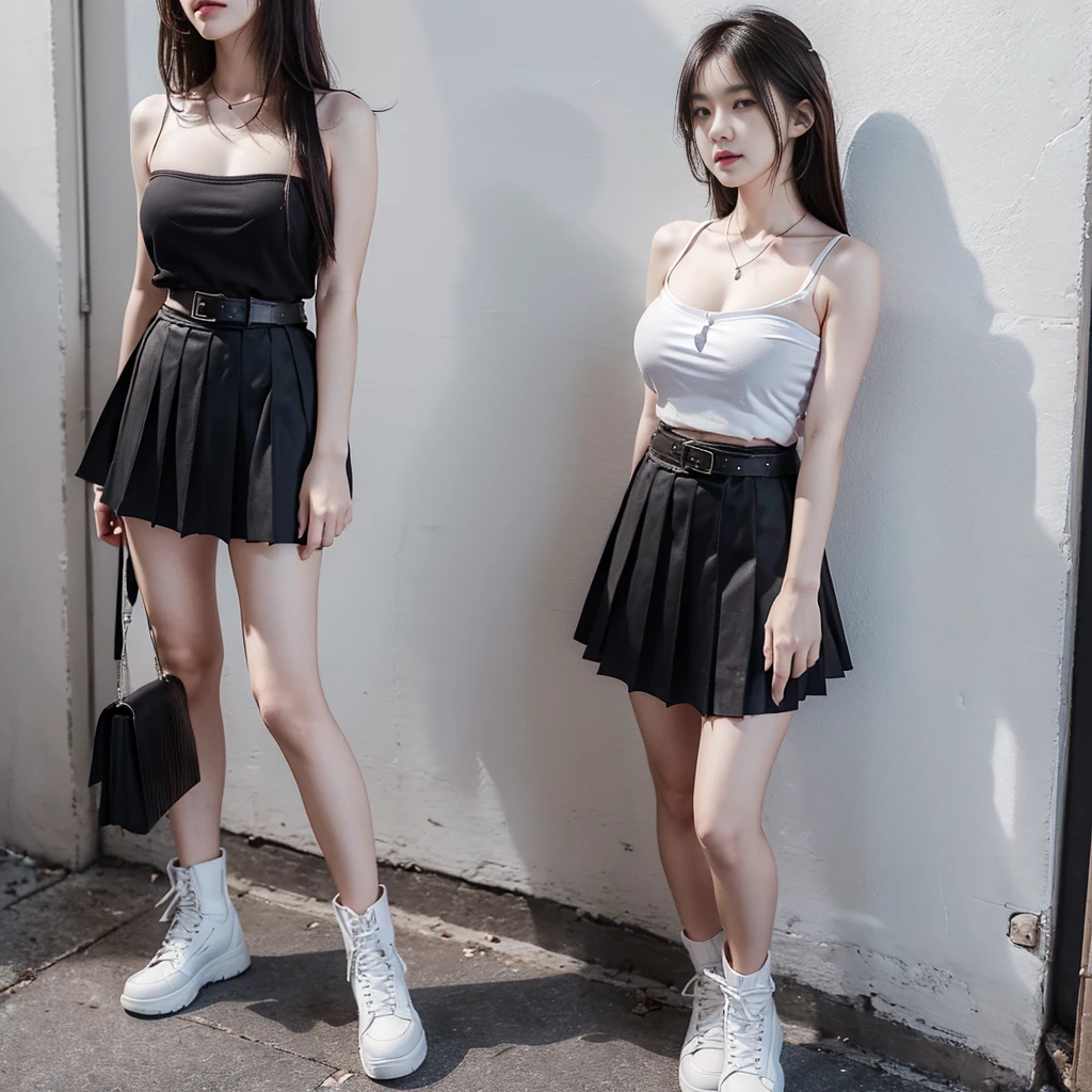 ((full-body standing image)), (Scottish pleated skirt), (black skirt), (belt), (Plain T-shirt), (white bra), (strapless shirt), (cotton spaghetti-strap top :1.1), (cotton spaghetti-strap top :1.1), (top meets skirt), (32K,1 20-year-old girl, The light from the rear window is backlit, Ray traching), (white sneakers), (a pair of white leather boots, highly detailed boots), (short upper chest :1.5), (pectoral muscles are large :1.5), (upper breasts are firm and round :1.5), (stand upright), (two shoe ends), (two shoe toes) ,(put on blush), (asian girl princess), (large knee), (large shin), (long shin), (super white complexion), (pale white skin), (a shot focusing on the lower breasts area), (Flared midi skirt), (black skirt), (belt), (Scottish pleated skirt), (strapless shirt), (strapless shirt), (strapless shirt), (large knee), (large shin), (long shin), (Plain T-shirt), (Plain T-shirt), (Plain T-shirt), (cotton spaghetti-strap top :1.1), (cotton spaghetti-strap top :1.1)