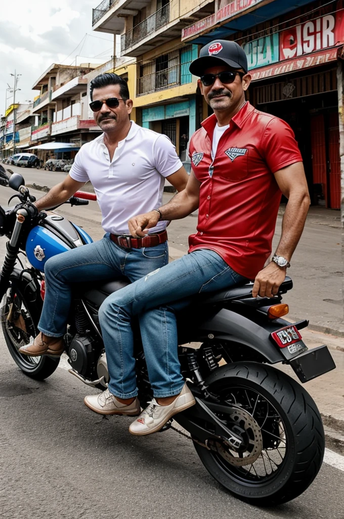 Popeye el marino en una moto con maleta de delivery y el la camisa que diga darling, montado en una moto roja de maraca bera en la ciudad de Guayaquil