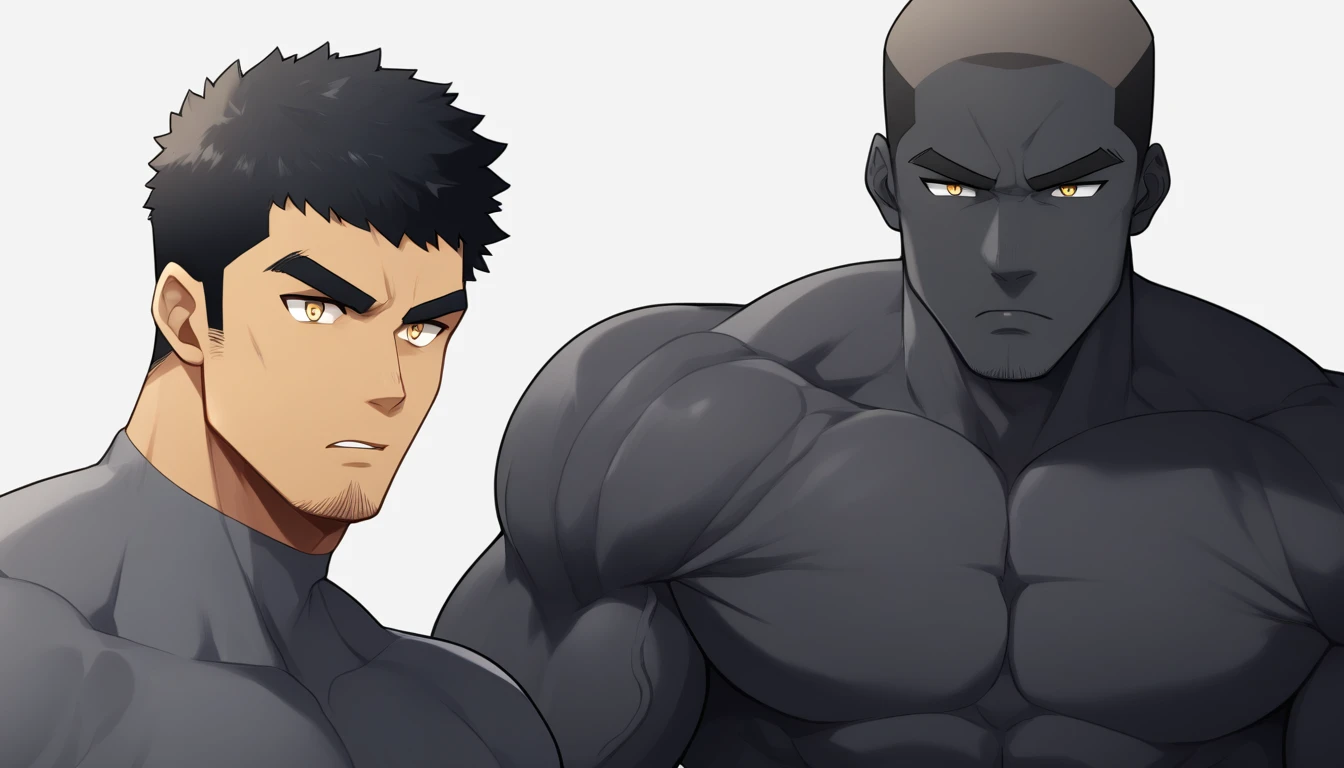 negro, negro, negro, anime characters：Gyee, Fitness coach, negro black skin, 1 muscular tough guy, Manliness, male focus, Dark grey long sleeve tights, Very tight, The pectoral muscles are oversized, Slightly transparent, muscular male, muscular, only, Upper body, alone, Black short hair, Thick eyebrows, stubble, Yellow eyes, White background, simple background, amazing quality, best aesthetics, Ridiculous, bright pupils, crew cut, parted lips, v-shaped eyebrows, jitome, best quality