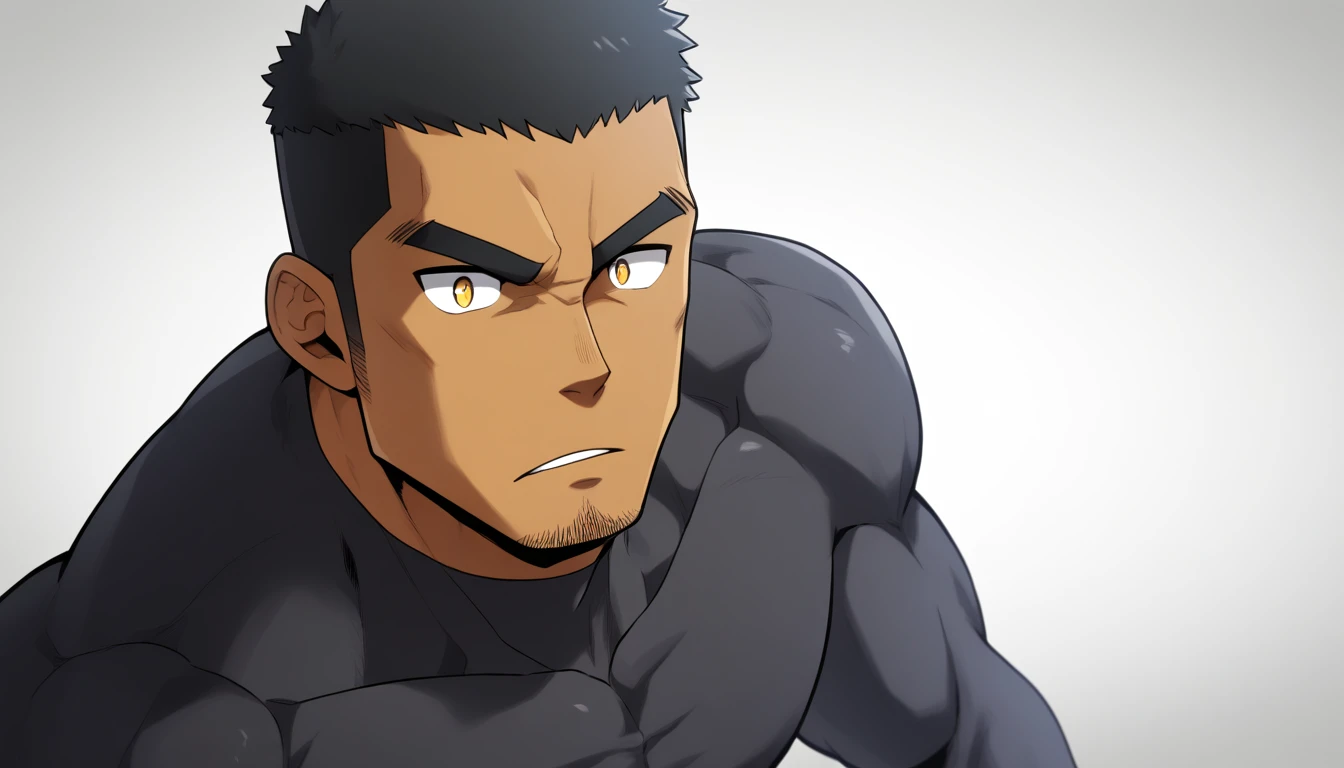 negro, negro, negro, anime characters:Gyee, Fitness coach, negro black skin, 1 muscular tough guy, Manliness, male focus, Dark grey long sleeve tights, Very tight, The pectoral muscles are oversized, Slightly transparent, muscular male, muscular, only, Upper body, alone, Black short hair, Thick eyebrows, stubble, Yellow eyes, White background, simple background, amazing quality, best aesthetics, Ridiculous, bright pupils, crew cut, parted lips, v-shaped eyebrows, jitome, best quality