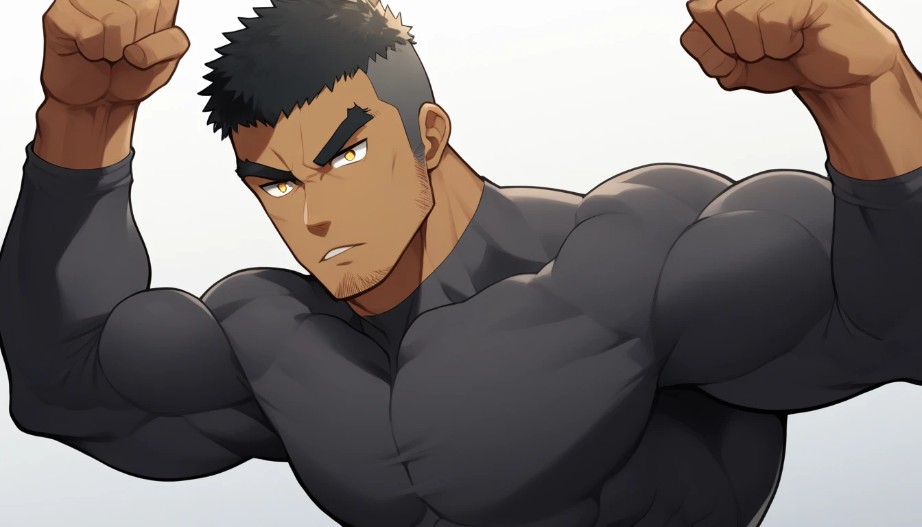 negro, negro, negro, anime characters:Gyee, Fitness coach, negro black skin, 1 muscular tough guy, Manliness, male focus, Dark grey long sleeve tights, Very tight, The pectoral muscles are oversized, Slightly transparent, muscular male, muscular, only, Upper body, alone, Black short hair, Thick eyebrows, stubble, Yellow eyes, White background, simple background, amazing quality, best aesthetics, Ridiculous, bright pupils, crew cut, parted lips, v-shaped eyebrows, jitome, best quality