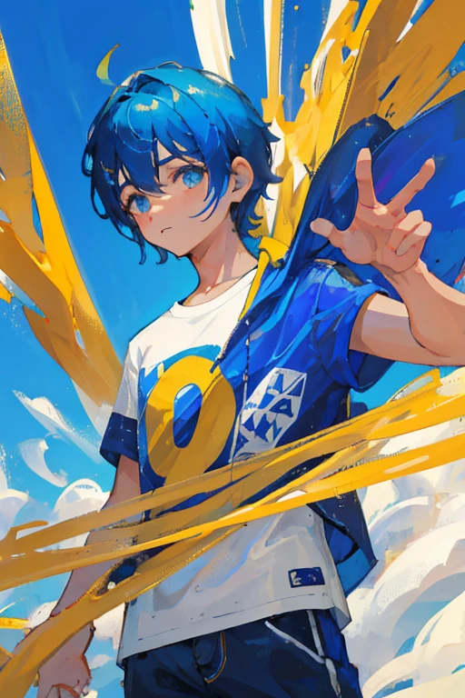 Um adolescente ( menino) sentado em uma pedra , o adolescente tem cabelos azuis e usa um moletom preto com azul , the teenager's pants are black , the teenager's body is defined he wears headphones, the teenager wears beautiful white sneakers , he is white ( com um tom alaranjado)