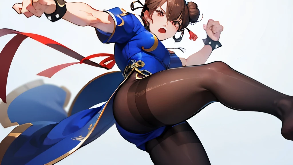 (masterpiece), best quality, high resolution, ultra detailed, (((1girl))), Chun Li, (((kicking))), (((brown hair in twin hair buns))), (((ribbons in hair))), (((Blue chinese dress with short blue sleeves))), (((brown pantyhose))), medium sized , (((big muscular thighs))), perfect body, sweat, spiked bracelets on both wrists, detailed abs, red lipstick, black eye mascara, perfect hands, angry eyebrows, yelling, looking away from camera