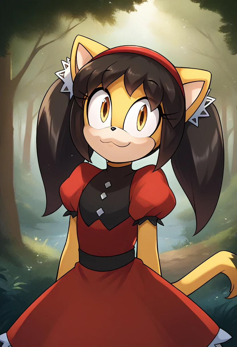 score_9, score_8_up, score_7_up, score_6_up, score_5_up, score_4_up, rating_explicit, source_furry, female, cute anthro female, cute face, forest, detailed background, looking at viewer, solo, solo focus, (digital pen line-art, soft lines, soft shading, pinup, cartoon, anime:1.2), keidran, honey the cat, sonic (series), black hair, twintails, frilly hairbands, red dress, red hairband