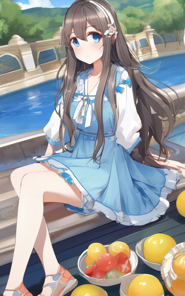 Southern France Coordination,Blue casual outfit, A girl wearing a dress, Long Hair, Show the whole outfit,Refreshing,Anime Style,Citrus