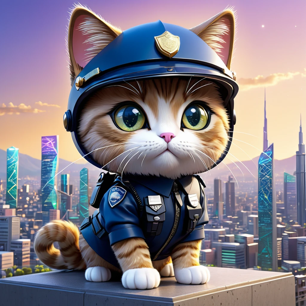 In a futuristic metropolis, a kawaii chibi cat police officer stands guard over a cityscape of interconnected persian geometry shapes and patterns. The cat's body is made of electronic parts, its fur a shimmering liquid that flows and ripples like a digital river. Its eyes glow with a soft, warm light, scanning the city's surroundings for any signs of trouble.

The city itself is a complex, multilayered structure, with mountains of circuitry and wires rising into the sky. Stars twinkle in the distance, a reminder of the vastness of the universe beyond the city's walls. The cat's tail twitches with excitement as it patrols the city's streets, its whiskers sensing the electricity coursing through the air.

The mural is a hyperdetailed, 3D masterpiece, with every pixel carefully crafted to create a sense of depth and realism. The cat's fur is rendered with a level of detail that makes it seem like it's moving in slow motion, its every purr and twitch visible to the naked eye. The city's architecture is intricately designed, with every curve and angle carefully considered to create a sense of harmony and balance.

As the cat patrols the city, it's clear that it's not just a guardian of the law, but also a guardian of the city's very fabric. Its presence is a reminder that technology and art can coexist in perfect harmony, creating a world that's both futuristic and whimsical, both functional and beautiful.