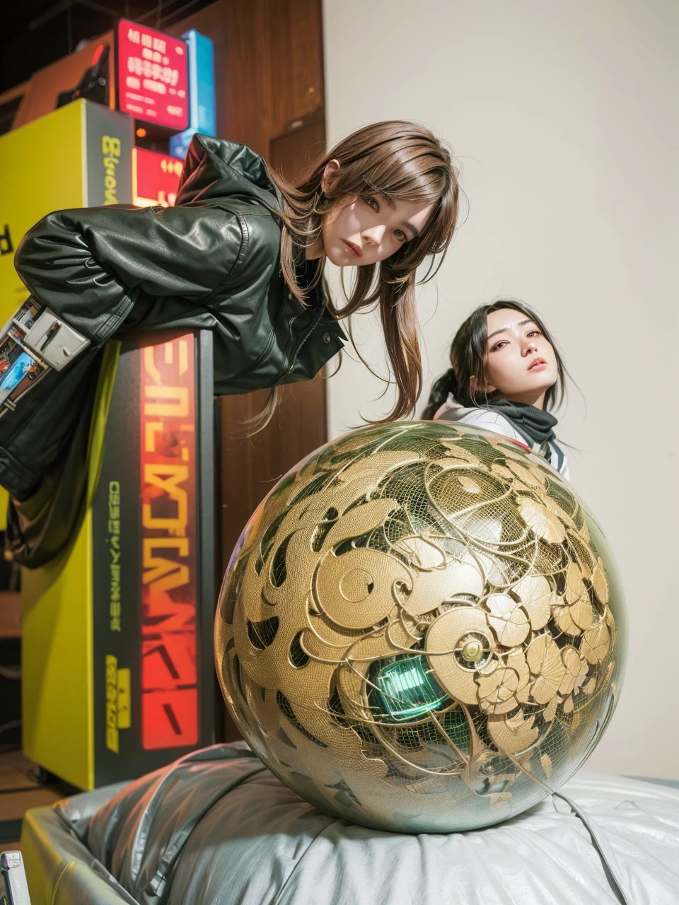 a beautiful young woman standing next to a giant cyberpunk mech, detailed facial features, long eyelashes, flawless skin, wearing a short jacket and shorts, high-quality 8K digital art, cyberpunk anime style, Guweiz artwork, Russell Dongjun Lu, Ross Tran, photorealistic, ultra-detailed, high-quality lighting, movie-quality, ray tracing, upper body, (best quality,4k,8k,highres,masterpiece:1.2),ultra-detailed,(realistic,photorealistic,photo-realistic:1.37),HDR,UHD,studio lighting,ultra-fine painting,sharp focus,physically-based rendering,extreme detail description,professional,vivid colors,bokeh,Guweiz style artwork,CyberPunk mech,Trends on CGSTATION,Guweiz,Russell Dongjun Lu,digital cyberpunk anime art,Ross Tran 8K,Guweiz on ArtStation Pixiv
