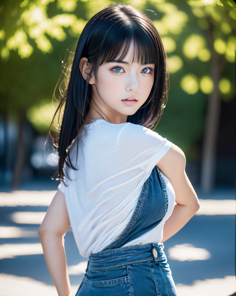 Beautiful Japanese girl with green eyes and black hair, Wear casual clothes, Photo from behind, ultra High resolution, (Realistic: 1.4), High resolution ,( blue eyes), (Detailed skin), (Perfect Proportions) (Photo Real) (masterpiece) (Realistic), Ultra-realistic (Highest quality) (detailed) Photographed with Canon EOS R5, 50mm lens, debt/2.8, (8k) (wallpaper) (Cinema Lighting) (Dramatic lighting) (Complex) ,jeans