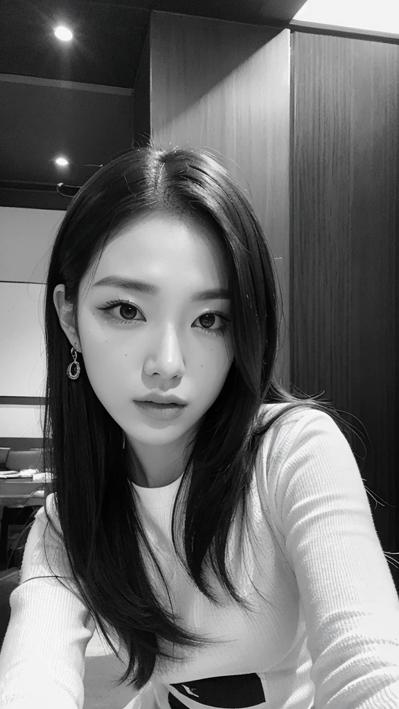 ((Highest quality)), ((8K)), ((masterpiece: 1.3)), (Perfect appearance), (Photorealism: 1.6), (Ultra high definition), ((monochrome)), (JMA, TI), (会話をしているJapanese Mature), (The gaze is fixed on the other person), (The woman's conversation partner is out of view), (60 years old, Japanese Mature), ((Realistic skin texture)), ((Realistic skin texture)), (Fine lines all over the skin), (Dull skin), (Facial wrinkles), (Wrinkles around the eyes), double eyelid, Tear bags under the eyelids, (Short Hair),