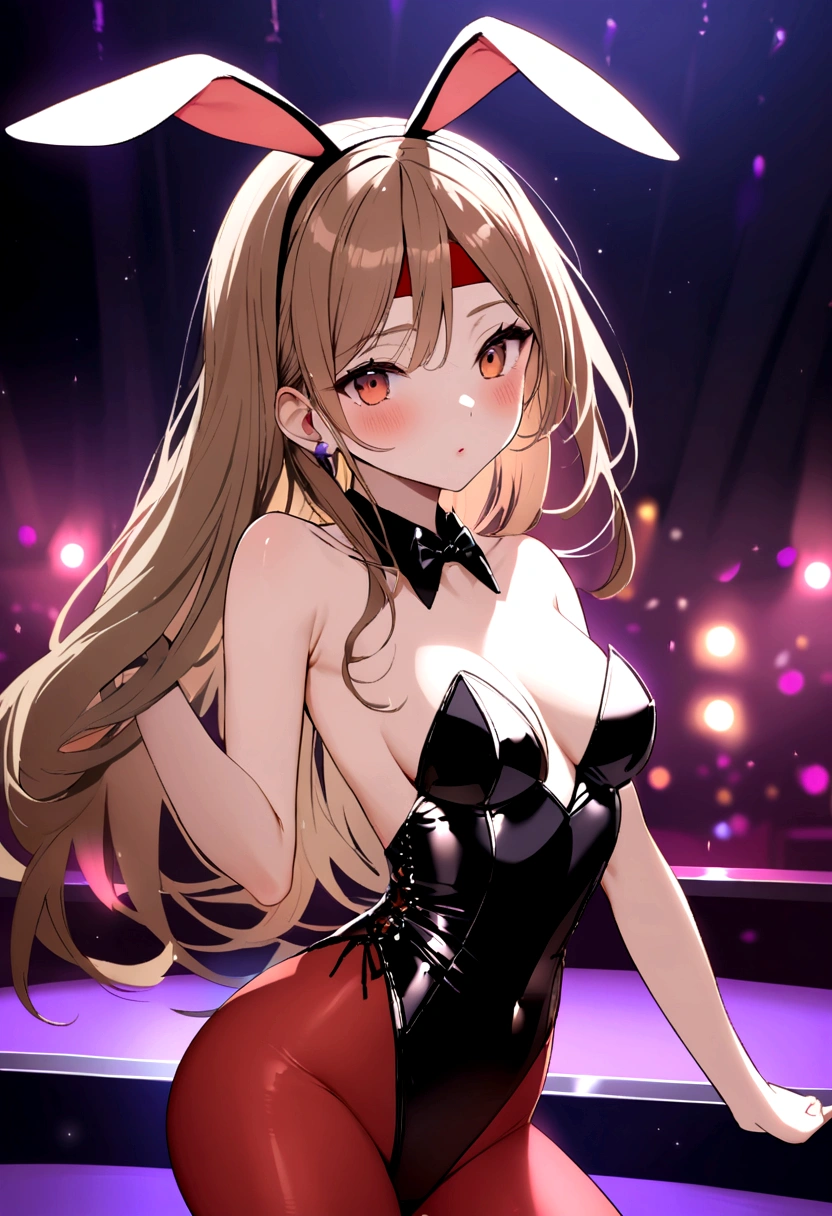 Image of a slim white girl with long brown hair dressed in a black leotard, red high-heeled stockings and a headband with bunny ears, nightclub background doing strip dance