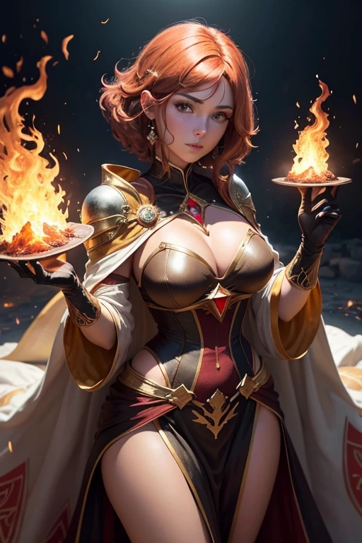 Nome: Pyra Appearance: Pyra is an imposing figure, com cabelos longos e ondulantes que parecem chamas vivas, oscilando entre vermelho, laranja e amarelo. Your eyes shine like glowing coals, irradiando uma luz calorosa e intensa. Sua pele tem um leve brilho dourado, como se houvesse um fogo interno prestes a explodir. His robes are made from heat-resistant materials, adorned with flame patterns and precious stones that reflect the firelight. Personagem feminina