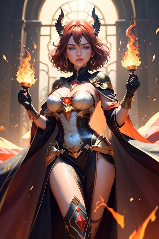 Nome: Pyra Appearance: Pyra is an imposing figure, com cabelos longos e ondulantes que parecem chamas vivas, oscilando entre vermelho, laranja e amarelo. Your eyes shine like glowing coals, irradiando uma luz calorosa e intensa. Sua pele tem um leve brilho dourado, como se houvesse um fogo interno prestes a explodir. His robes are made from heat-resistant materials, adorned with flame patterns and precious stones that reflect the firelight. Personagem feminina