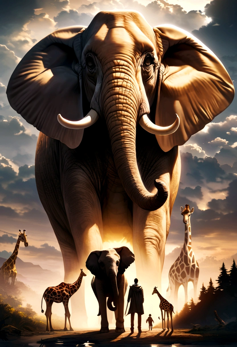 A hero with all powers, with the head of an elephant and the tail of a giraffe, a dandelion, an eagle&#39;s wing and a foot
