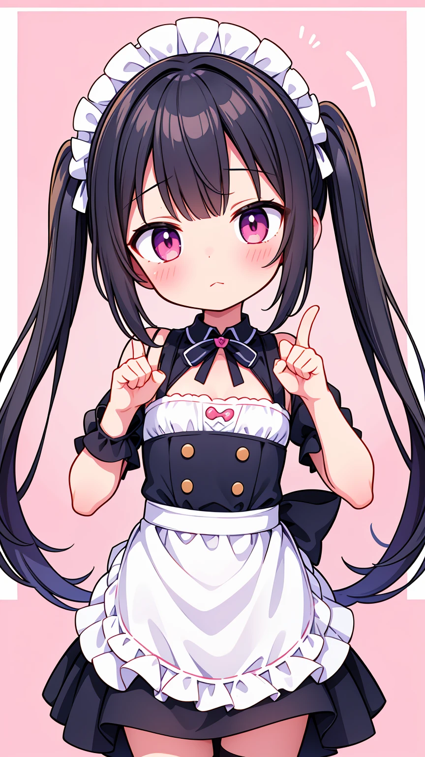 (8K, Highest image quality, highest quality, masterpiece), detailed face, ((loli girl)), (little loli curve) , black hair, short twintails, pink eyes, small breasts, naked apron, cowboy shot, put your hand on your mouth, kitchen background, ((very blushing)), ((detailed hands and fingers)), viewer perspective from below, (very blushing)