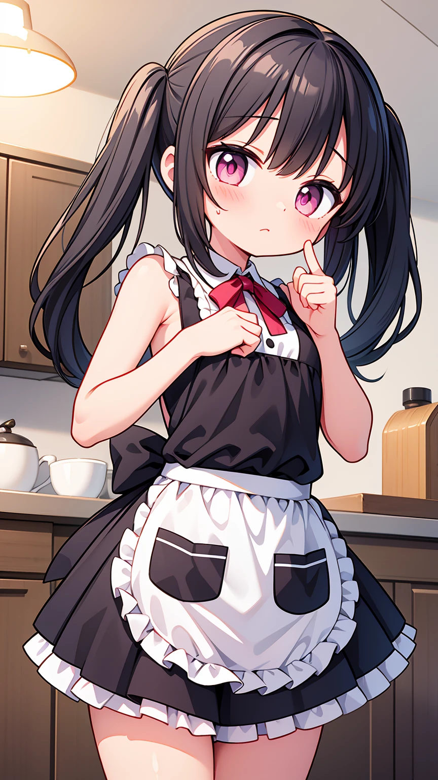 (8K, Highest image quality, highest quality, masterpiece), detailed face, ((loli girl)), (little loli curve) , black hair, short twintails, pink eyes, small breasts, naked apron, cowboy shot, put your hand on your mouth, kitchen background, ((very blushing)), ((detailed hands and fingers)), viewer perspective from below, (very blushing)