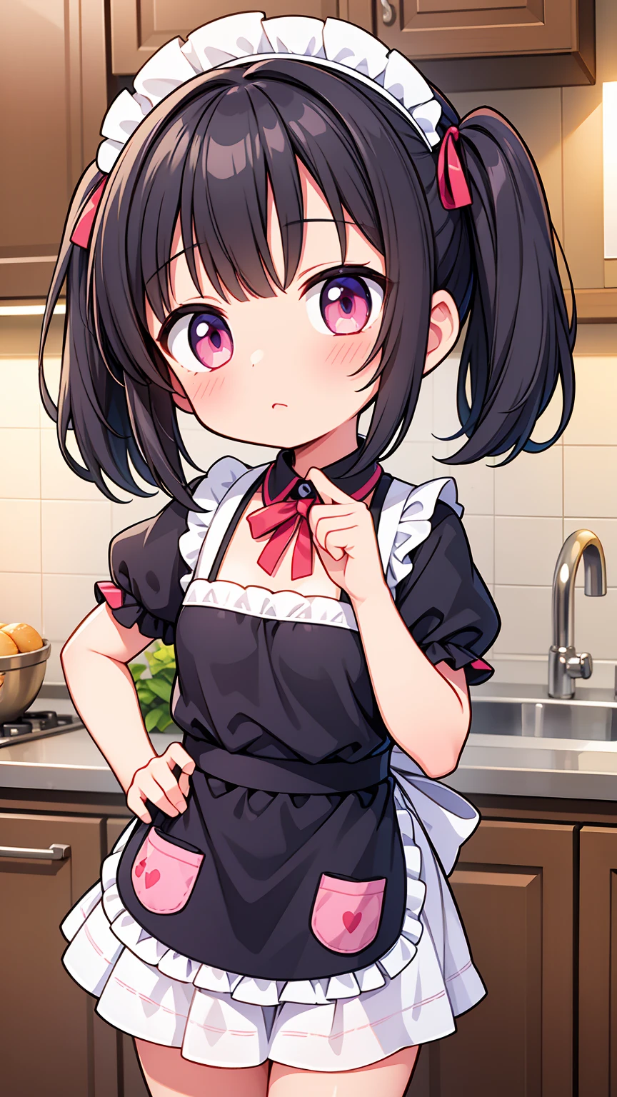 (8K, Highest image quality, highest quality, masterpiece), detailed face, ((loli girl)), (little loli curve) , black hair, short twintails, pink eyes, small breasts, naked apron, cowboy shot, put your hand on your mouth, kitchen background, ((very blushing)), ((detailed hands and fingers)), viewer perspective from below, (very blushing)