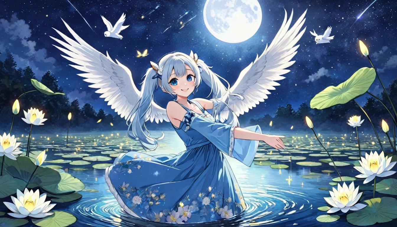 Light blue long hair,Beautiful girl with twin tails、water.Vivid water lilies(many, Impressionism, oil)、Blue Dress、Bright smile、Masterpiece、Moonlit Night、shooting star、milky way、A white owl flies in the sky、Fireflies are glowing and flying