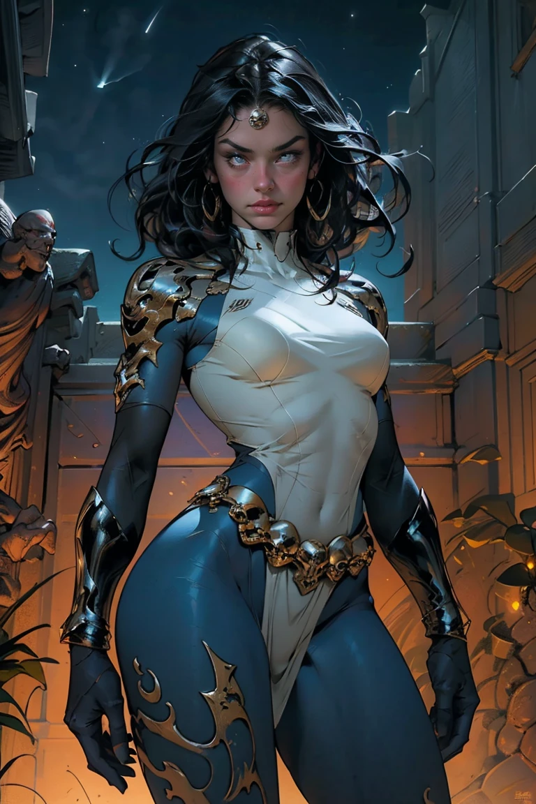 Artistic image of a woman, peituda, Lindos Seios Grandes, por artgerm, Louis Royo, Boris Vallejo, foco extremo, sharp details, Sensual, pele oleosa, Sensual, danadinho, dynamic pose, 8K, night time, (Cool superhero pose), detalhado pupils, Obra de arte, melhor qualidade, detalhado, Estilo de quadrinhos, (olhando para o espectador:1.25), 25 anos de idade, cabelo vermelho, olhos amarelos,Rosto perfeito, Olhos amarelos brilhantes, olhando para o espectador,heroic pose, foreshortening, profundidade, poses variadas