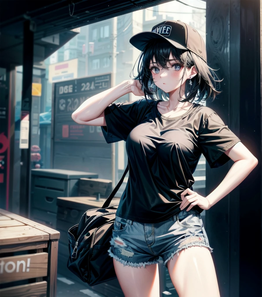 whole body, girl, big tits, medium hair, black hair, tearful mole, earring, baseball cap, black T-shirt, cargo shorts,