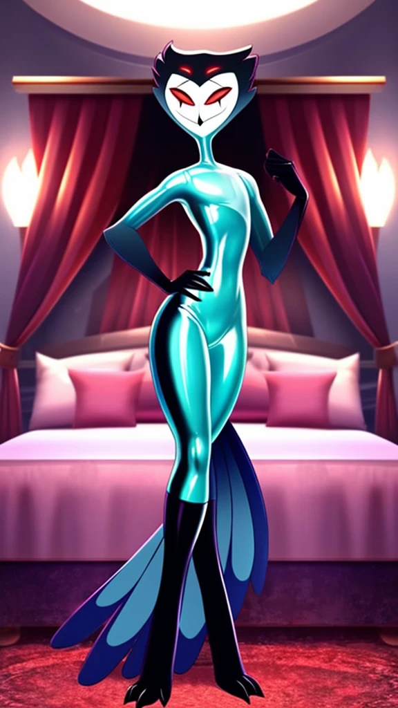 Teathekook (style), ((masterpiece)), ((8k quality)), (no watermark), stolas, male, mouth closed, detailed bedroom, standing, seductive pose, (solo:1.4), sleek, shiny slime body, tail feathers, shiny, slick, blue latex,