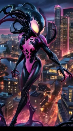 comic (Drawing:1.3) of (Sketch:1.3) a pink alien standing in front of a city, venom symbiote, symbiote, venom, official artwork hdr, screenshot from morbius 2022, hero pose colorful city lighting, 8k hd concept art, venomized, 8k render, 8 k high detail concept art, tor from marvel, background artwork, high detailed official artwork . graphic illustration, comic art, graphic novel art, vibrant, highly detailed