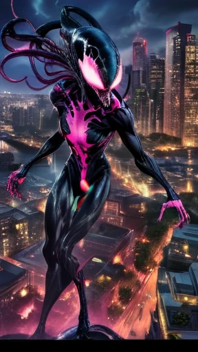 comic (Drawing:1.3) of (Sketch:1.3) a pink alien standing in front of a city, venom symbiote, symbiote, venom, official artwork hdr, screenshot from morbius 2022, hero pose colorful city lighting, 8k hd concept art, venomized, 8k render, 8 k high detail concept art, tor from marvel, background artwork, high detailed official artwork . graphic illustration, comic art, graphic novel art, vibrant, highly detailed