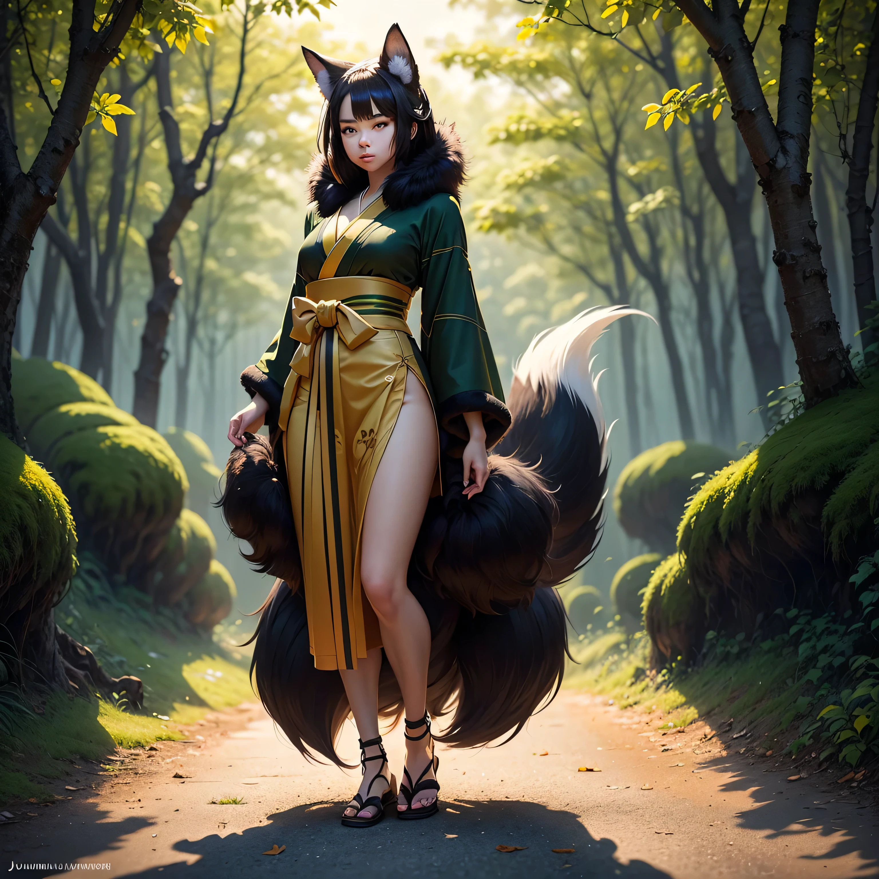 ((full body shot at distance)) , (((1girl))), (realistic fox-girl with black hair and nine tails) , (nine tails with black fur:2.0 ) , (image centered on subject with her tails spread behind her:1.5) , (anatomical perfect), (beautiful human face, high cheekbones, green eyes fox ears) , (very detailed green and gold ankle length kimono with a loose fit:1.5 ) , inspired by Sugimura Jihei, delicate and fine, (tentacles:fox tails:0.5), white form, inspired by Sōami, jormungand, mystical creatures, realistic, ultra detailed, dynamic pose, sunrise lighting, detailed forest background