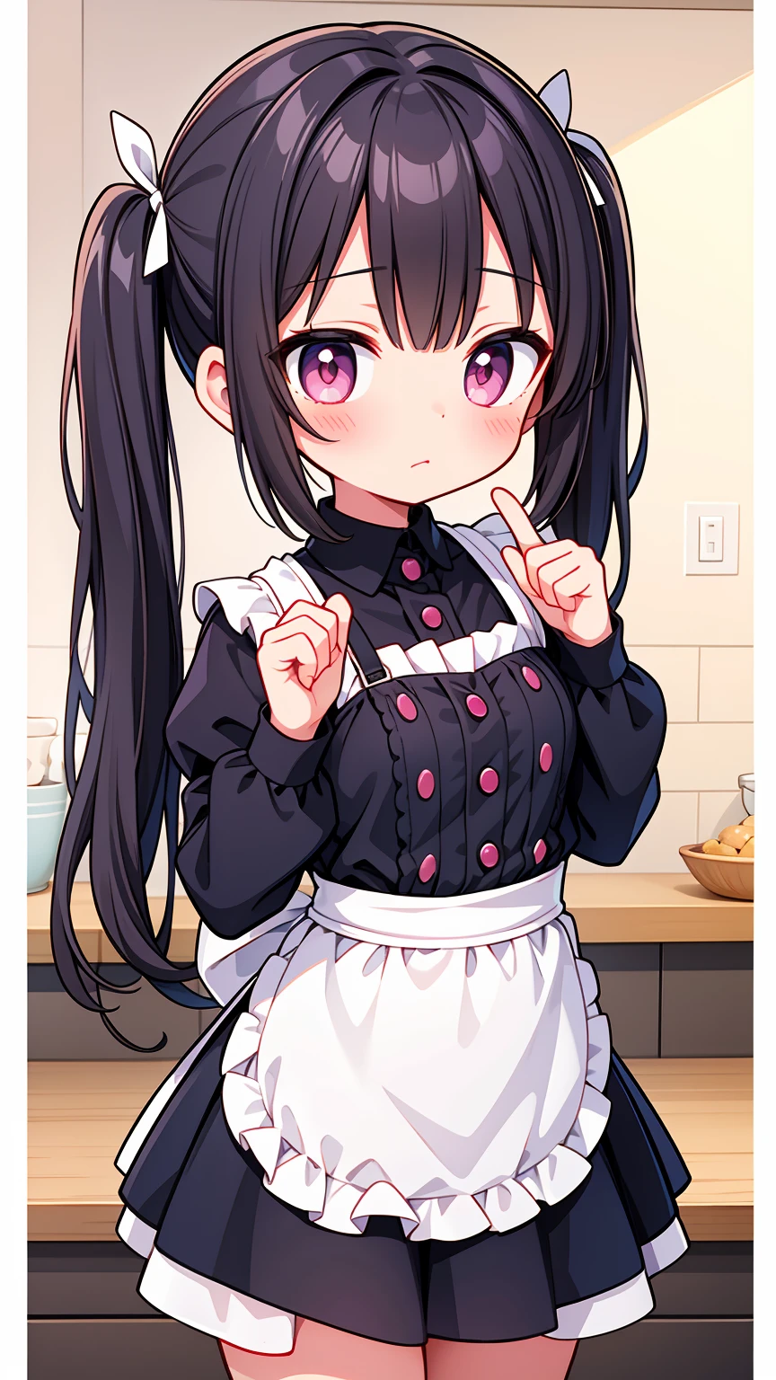 (8K, Highest image quality, highest quality, masterpiece), detailed face, ((li girl)), (little loli curve) , black hair, short twintails, pink eyes, small breasts, naked apron, cowboy shot, put your hand on your mouth, kitchen background, ((very blushing)), ((detailed hands and fingers)), viewer perspective from below, (very blushing)