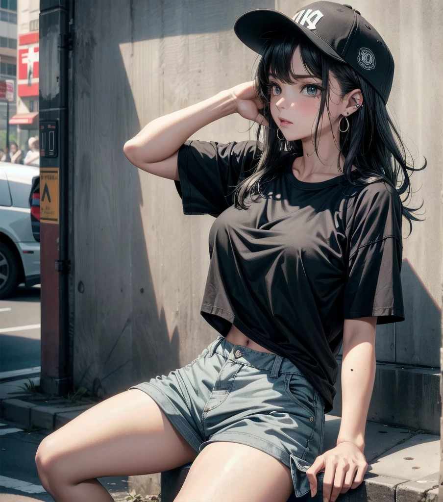 whole body, girl, big tits, medium hair, black hair, tearful mole, earring, baseball cap, black T-shirt, cargo shorts,