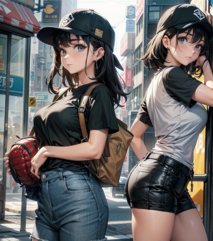 whole body, girl, big tits, medium hair, black hair, tearful mole, earring, baseball cap, black T-shirt, cargo shorts,