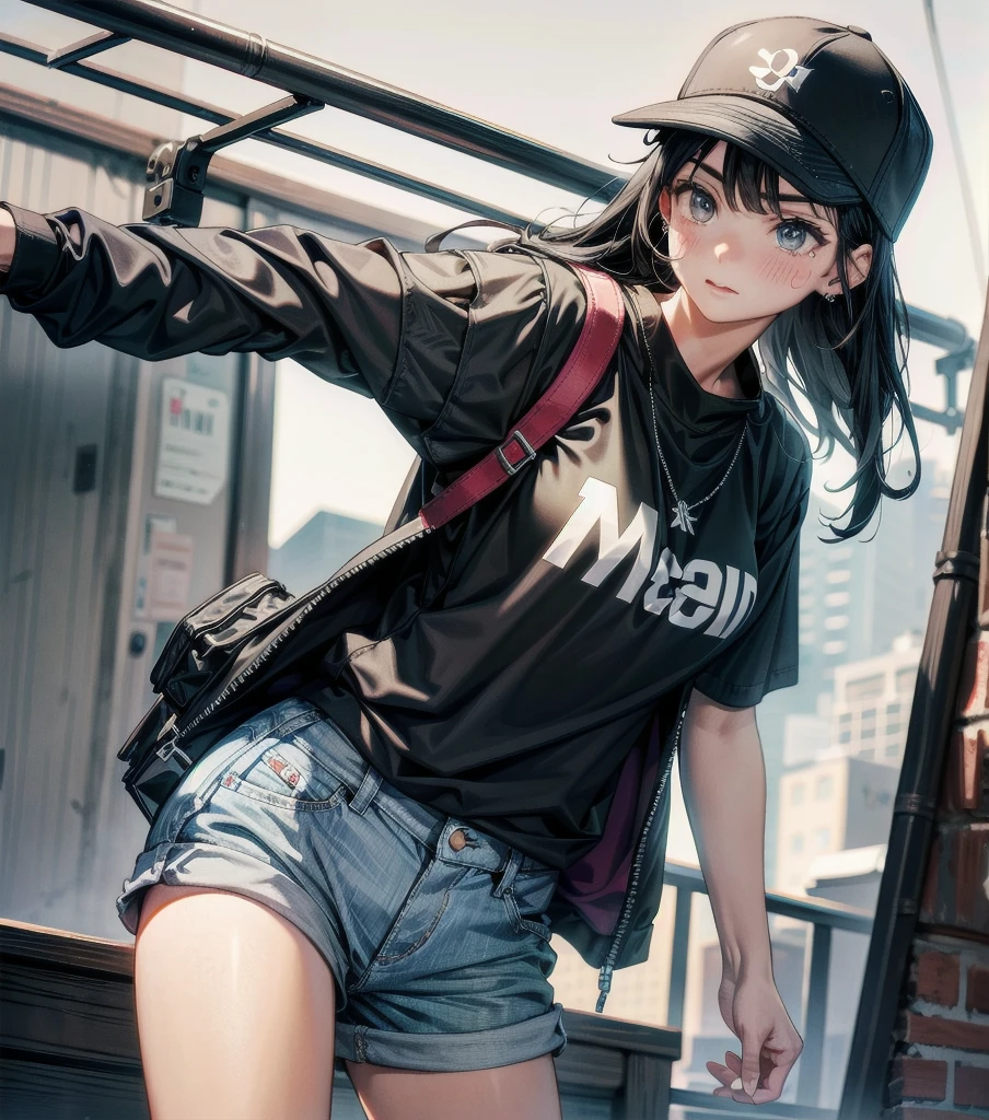 whole body, girl, big tits, medium hair, black hair, tearful mole, earring, baseball cap, black T-shirt, cargo shorts,
