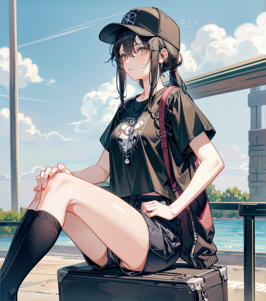 whole body, girl, big tits, medium hair, black hair, tearful mole, earring, baseball cap, black T-shirt, cargo shorts,