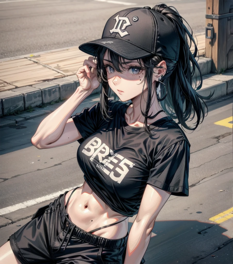 whole body, beautiful girl, big tits, medium hair, black hair, tearful mole, earring, baseball cap, black T-shirt, cargo shorts,