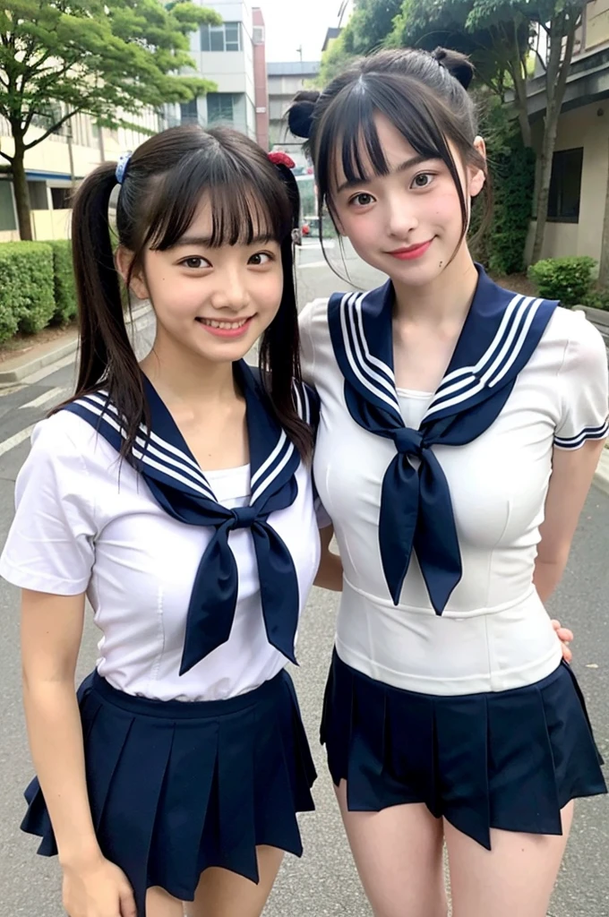 2 girls standing in Japanese street,short-sleeved white sailor leotard with navy blue skirt frills,red bow tie,school bags,18-year-old,bangs,a little smile,large bare thighs,knees,legs apart,short hair with low pigtails,from before,front light