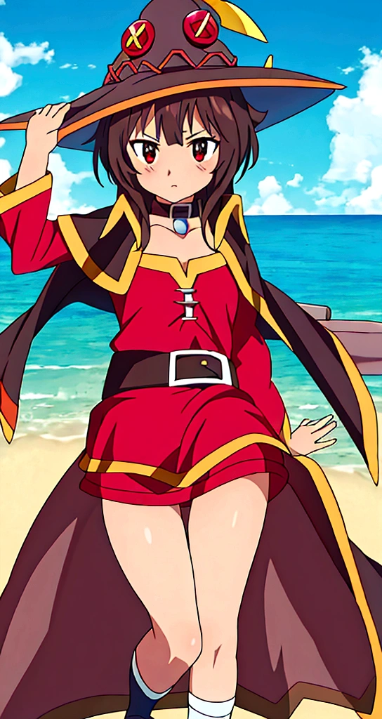 Megumin de konosuba, mirando de frente, vestida con una ropa interior de color negro que sea de hilo dental, que no tenga un sombrero de arriba, el viento soplando su cabellera, agarrando su cabello con su mano izquierda, la anatomia de su cuerpo delgada, los rayos del sol brillando por cerca de su cuerpo, su cuerpo brillando por el sudor que corre por su cuerpo, collar de cuero negro en el cuello, estatura de 1.50 metros de altura, short loose brown hair, que este en la playa sentada