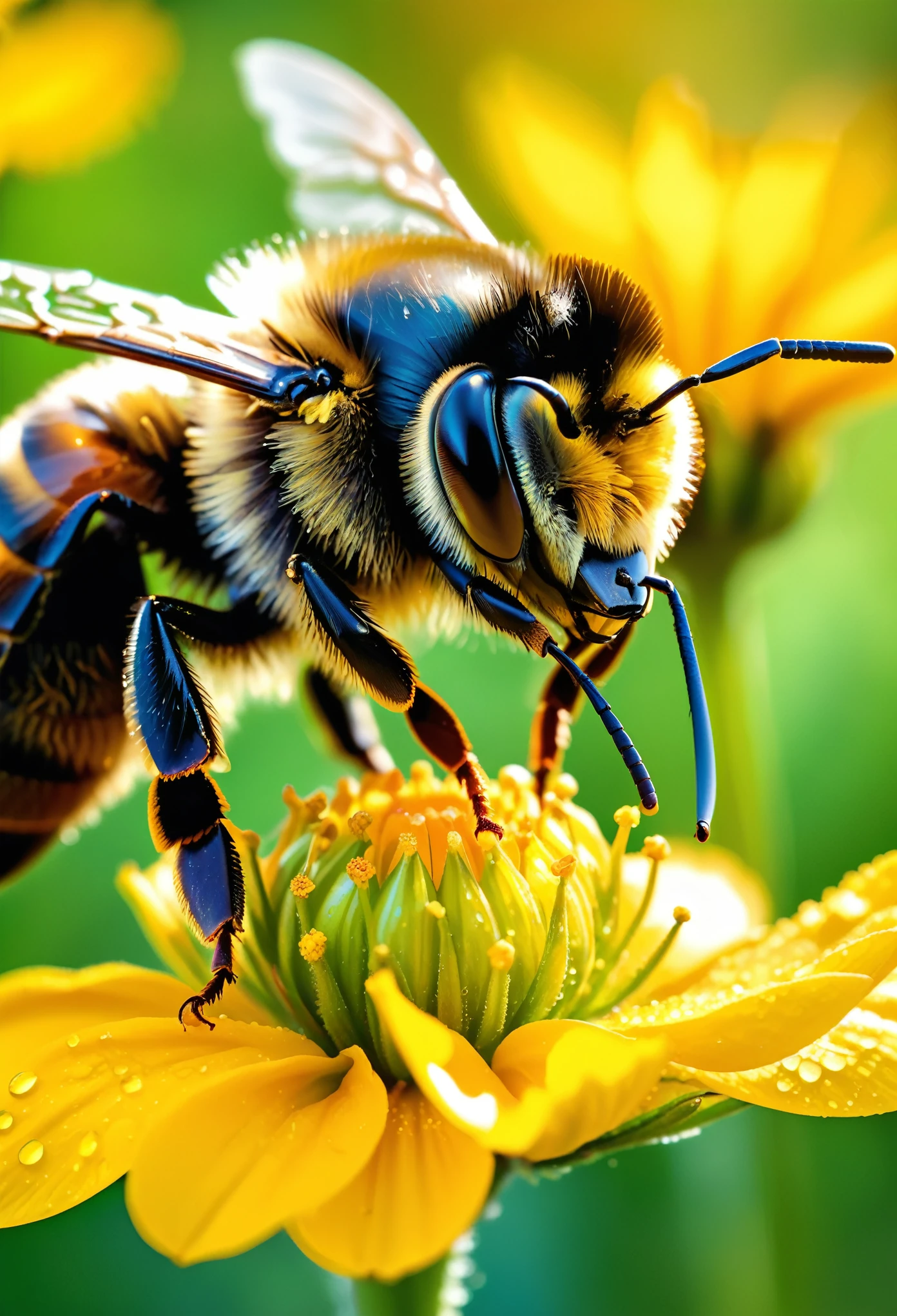 Create an ultra-close-up macro shot of a bee perched on a vibrant yellow flower. Focus on the intricate details of the bee, highlighting its delicate wings, fuzzy body, and tiny legs as they grip the textured petals. Capture the fine pollen grains on the bee and the flower. Dew droplets on the flower's petals should glisten, reflecting the sunlight. The background is artistically blurred, providing a soft, green bokeh effect that hints at a lush meadow. The scene should be vibrant and incredibly detailed, capturing the essence of nature in extreme close-up. Best quality, hyper-detailed, masterpiece, 8k. masterpiece, trending on artstation, sharp focus,