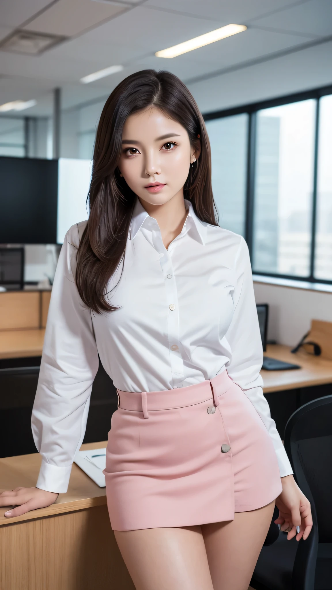 (1young woman), kawaii face, (highly detailed face), Amazing face and eyes, (Best Quality:1.4), (Ultra-detailed), (extremely detailed CG unified 8k wallpaper), Highly detailed, High-definition raw color photos, Professional Photography, Realistic portrait, Amazing face and eyes, Pink eyes, indoors, office, (office lady, shirt, miniskirt,:1.3), model, depth of fields, (fine face:1.2),