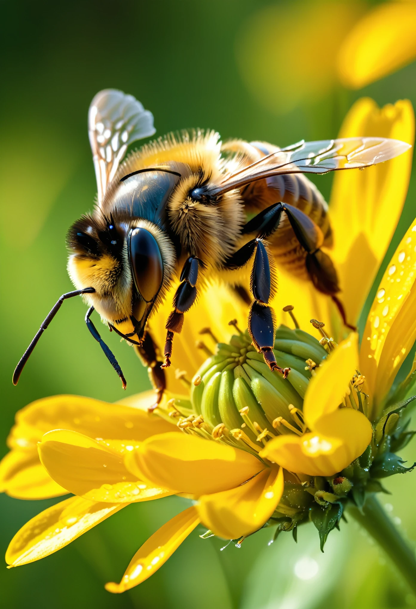 Create an ultra-close-up macro shot of a bee perched on a vibrant yellow flower. Focus on the intricate details of the bee, highlighting its delicate wings, fuzzy body, and tiny legs as they grip the textured petals. Capture the fine pollen grains on the bee and the flower. Dew droplets on the flower's petals should glisten, reflecting the sunlight. The background is artistically blurred, providing a soft, green bokeh effect that hints at a lush meadow. The scene should be vibrant and incredibly detailed, capturing the essence of nature in extreme close-up. Best quality, hyper-detailed, masterpiece, 8k. masterpiece, trending on artstation, sharp focus,