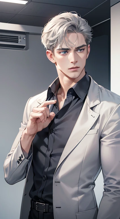 (best quality, masterpiece, 8K, photorealistic, cinematic lighting, 1:4 hdr image, ultra detailed, beautiful image), a mature man, 34 years very handsome, ((cold expression)), short grey hair, blue eyes, face perfect without mistakes, ((buttoning his jacket, CEO))