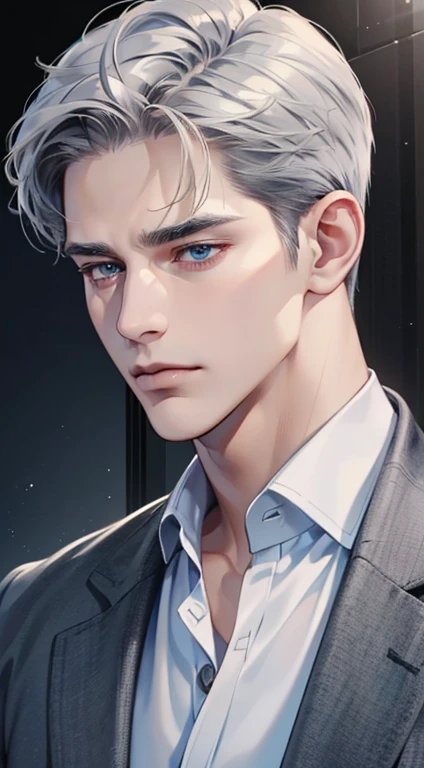 (best quality, masterpiece, 8K, photorealistic, cinematic lighting, 1:4 hdr image, ultra detailed, beautiful image), a mature man, 34 years very handsome, ((cold expression)), short grey hair, blue eyes, face perfect without mistakes, ((buttoning his jacket, CEO))
