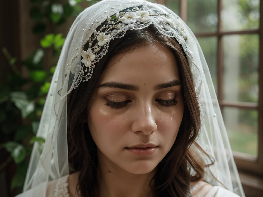 A poignant, lifelike portrait of the Virgin Mary of Nazareth, exuding a profound sense of sadness and melancholy. Her eyes, partially closed, are surrounded by tears that gently cascade down her cheeks, reflecting her inner pain. Her brows are arched, accentuating her sorrowful expression as her slightly parted lips reveal her upper teeth.
A delicate, lacey white veil adorns her head and shoulders, intricately woven with floral and leafy patterns, casting soft, ethereal shadows. The gentle lighting accentuates the intricate details of her face and the veil's delicate embroidery, further emphasizing the somber and mournful atmosphere., photo