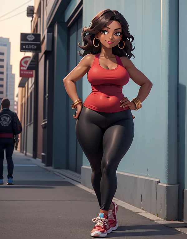 ((Masterpiece)), ((Best Quality)), (4K quality), CARTOON, ANIME, CARTOON ARTSTYLE, (half-body-shot (front shot):1.3),(Detailed face:1.2), (Detailed eyes:1.2), ultra-detailed, 1girl, alone, Latina, 42-years-old, milf, mature female, (dark-skinned female:1.5), long brown hair, amber colored eyes, mascara, eyeshadow, red lipstick, (Wearing: red tank-top, black leggings, golden earrings, golden bracelets, sneakers:1.2), looking at viewer, smile, sexy, beautiful mature face, Oversize, Overweight, thick lips, (plump figure and wide frame:1.2), medium breasts, fat rolls, belly rolls, muffin top, big deep navel, tight out, love handles, wide hips, wide waist, wide load butt, thick thighs, hands on hips, in the streets of Tampa.