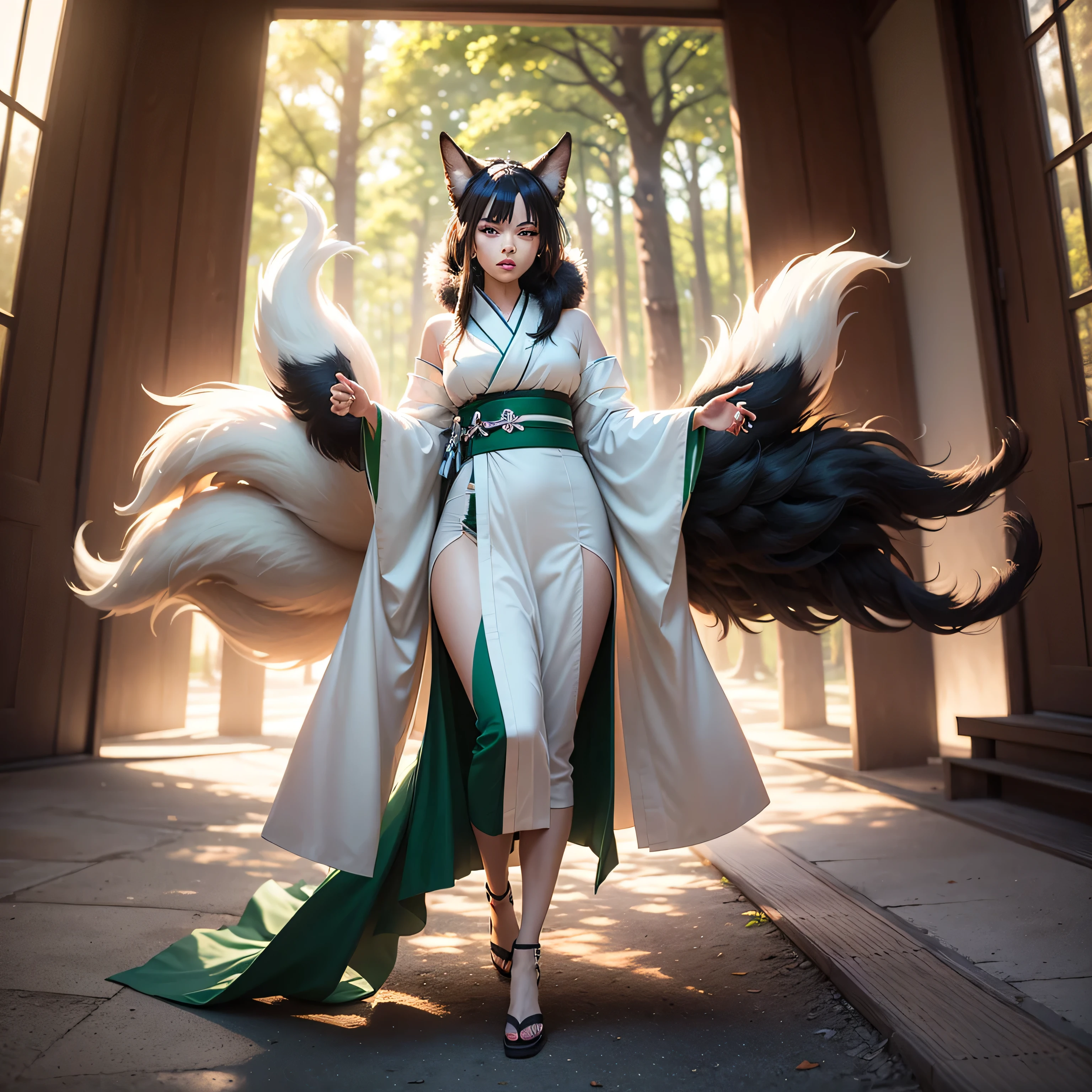 ((full body shot at distance)) , (((1girl))), (realistic fox-girl with black hair and nine tails) , (nine tails with black fur:2.0 ) , (image centered on subject with her tails spread behind her:1.5) , (anatomical perfect), (beautiful human face, high cheekbones, green eyes  fox ears) , (very detailed green  and white ankle length kimono with a loose fit:1.5 ) , inspired by Sugimura Jihei, delicate and fine, (tentacles:fox tails:0.5), white form, inspired by Sōami, jormungand, mystical creatures, realistic, ultra detailed, dynamic pose, sunrise lighting, detailed forest background