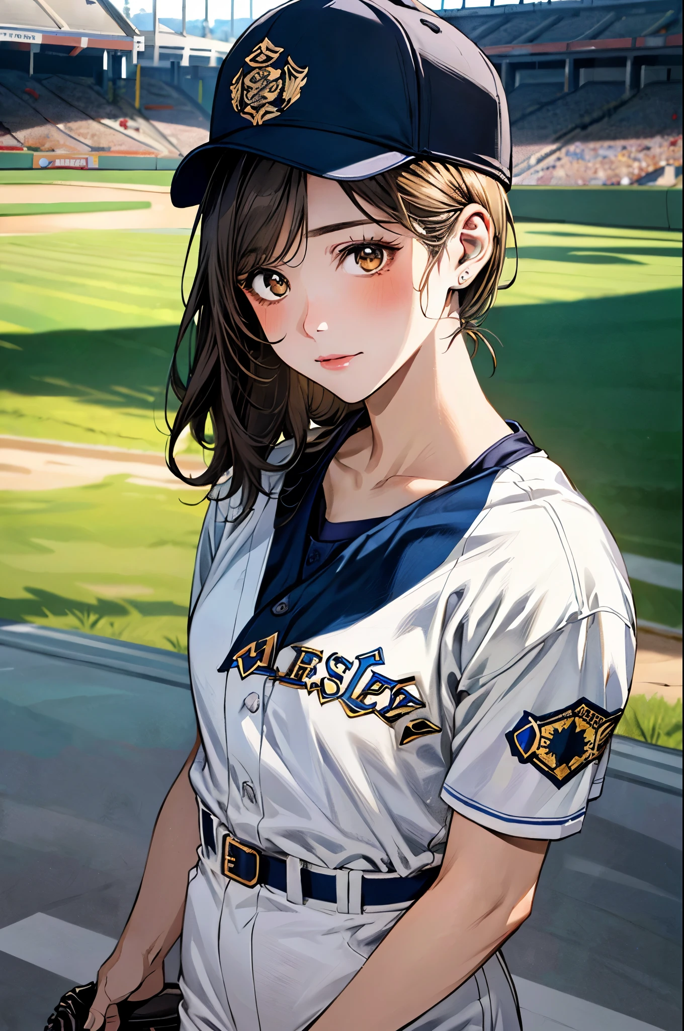 (masterpiece:1.3, top-quality, ultra high res, ultra detailed), (realistic, photorealistic:1.4), beautiful illustration, perfect lighting, natural lighting, colorful, depth of fields, ,
beautiful detailed hair, beautiful detailed face, beautiful detailed eyes, beautiful clavicle, beautiful body, beautiful chest, beautiful thigh, beautiful legs, beautiful fingers, shiny skin, 
looking at viewer, 1 girl, high school girl, baseball cosplay, (perfect anatomy, anatomically correct, super detailed skin), cute and symmetrical face, babyface, perfect face, perfect eyes, , 
(middle hair:1.5, low ponytail:1.2, light brown hair), hair between eyes, blue eyes, big eyes, long eye lasher, (medium breasts:1.4, seductive thighs), skin dendation, 
(detailed cloth texture, green baseball uniform:1.2), 
(beautiful scenery), summer, late afternoon, (baseball stadium:1.1), standing, (peace sign), (lovely smile, upper eyes, parted lips), diffused natural sunlight, diffused natural skin glow, 