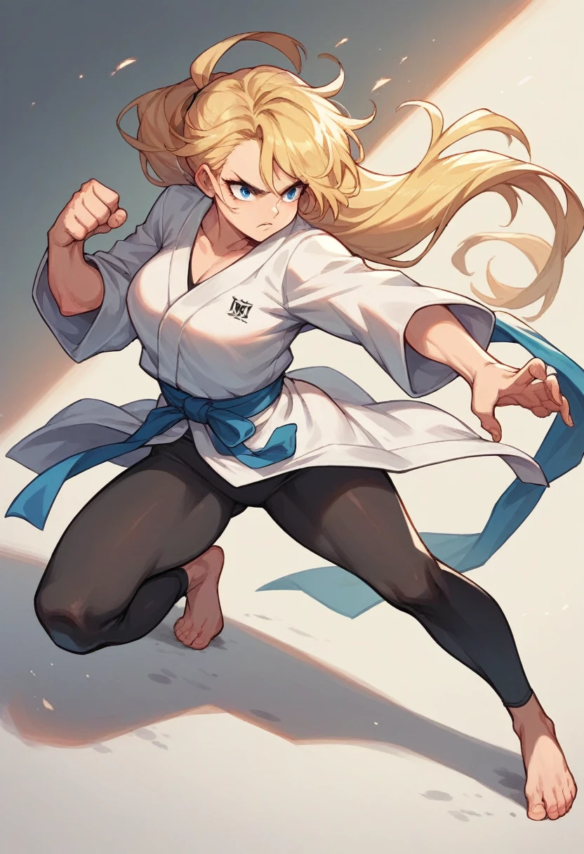 Make an image of a very beautiful blonde girl with blue eyes in black leggings and barefoot fighting karate