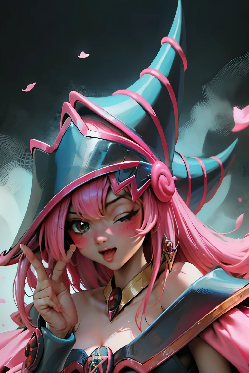 Hermoso rostro de dark magician gils, ojos azules. Labios rosados. Cabello rubio y largo. Ombros descubiertos, sonrisa angelical, hermoso rostro bien detallados de dark magician gils. With his hands he makes the sign of love and peace.