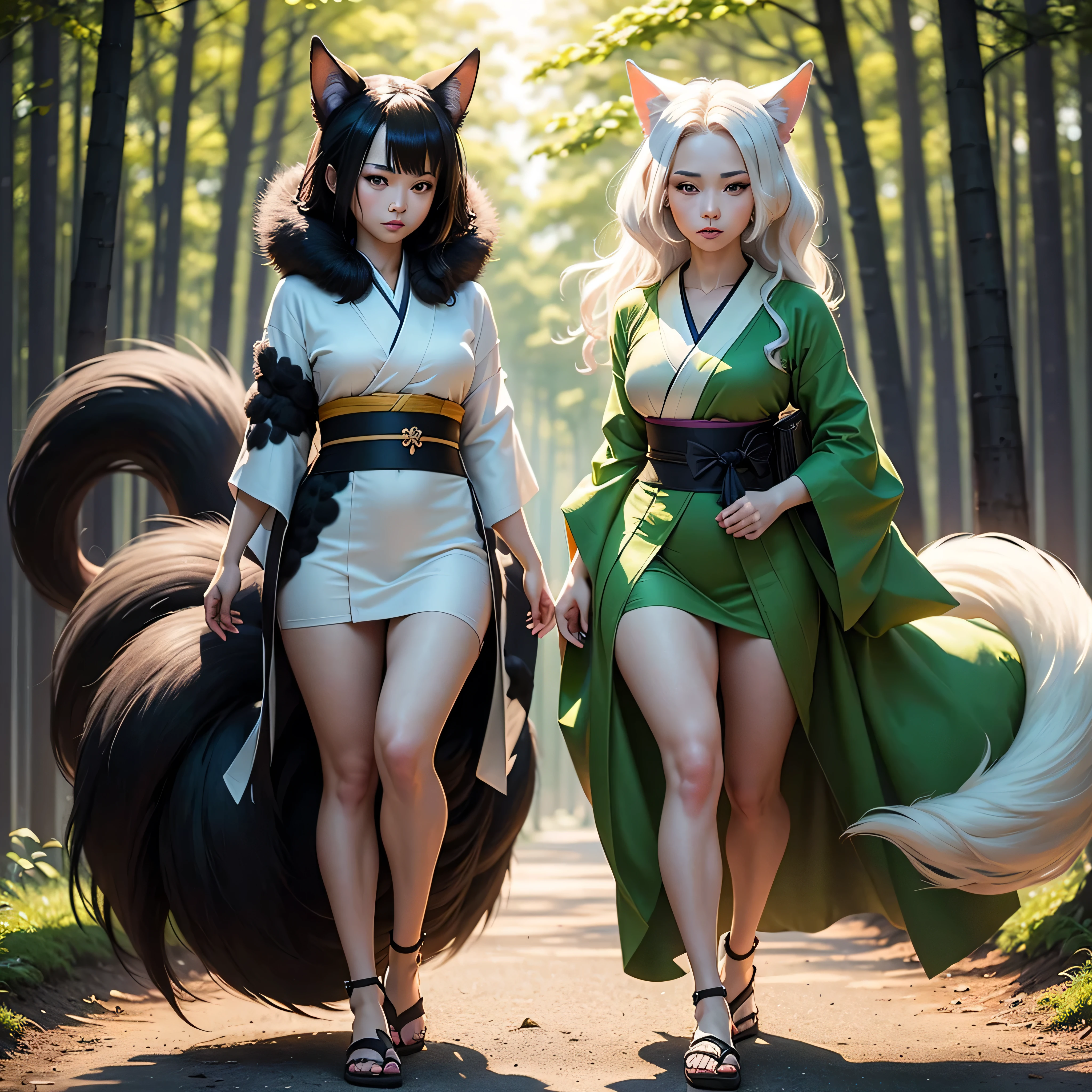 ((full body shot at distance)) , (((1girl))), (realistic fox-girl with black hair and nine tails) , (nine tails with black fur:2.0 ) , (image centered on subject with her tails spread behind her:1.5) , (anatomical perfect), (beautiful human face, high cheekbones, green eyes fox ears) , (very detailed green and white ankle length kimono with a loose fit:1.5 ) , inspired by Sugimura Jihei, delicate and fine, (tentacles:fox tails:0.5), white form, inspired by Sōami, jormungand, mystical creatures, realistic, ultra detailed, dynamic pose, sunrise lighting, detailed forest background
