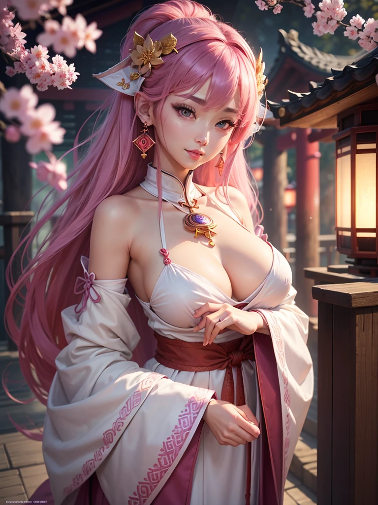 beautiful detailed eyes, beautiful detailed lips, extremely detailed eyes and face, long eyelashes, 1 girl, ulzzang, kpop idol, Yae Miko, bikini, enormous breasts, separated sleeves, bare shoulders, pink hair, long hair, best quality, frame, hair accessory, jewelry, purple eyes, earrings, breasts, Torii, cherry blossoms, lantern light, depth of field, detailed face, facial focus, cropped, looking at viewer, non-traditional miko, glowing skin, long sleeves, smile, full lips, cg art, hands on lips, east asian architecture, blurred background, portrait
